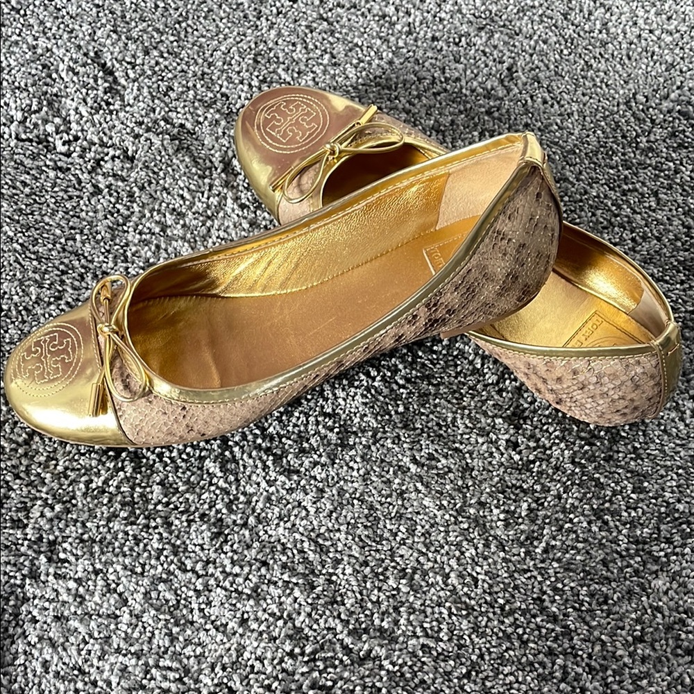 Tory Burch Gold and Brown Ballet Flats